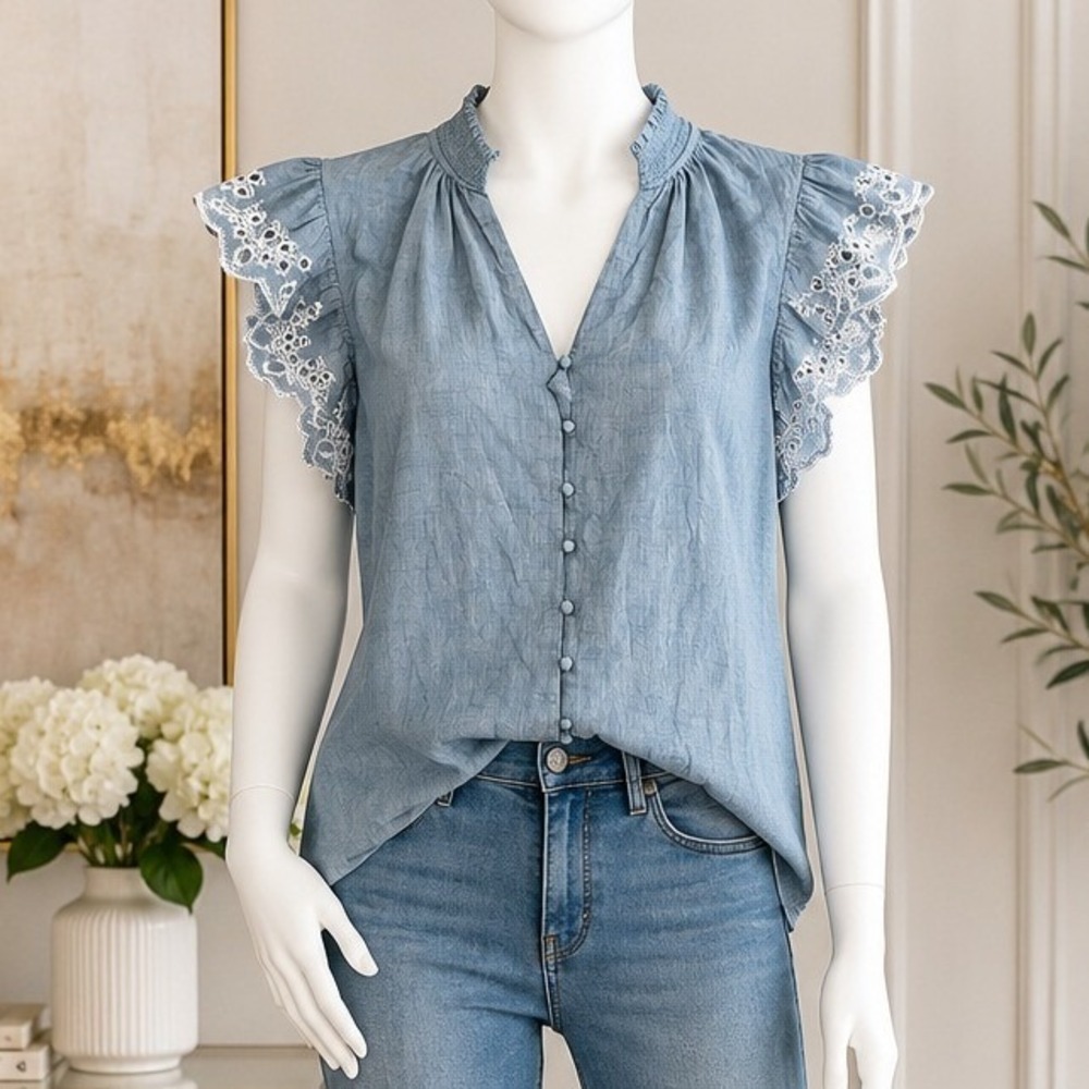 Express Womens Blouse Blue Eyelet Embroidery Ruffle Cap Sleeve XL